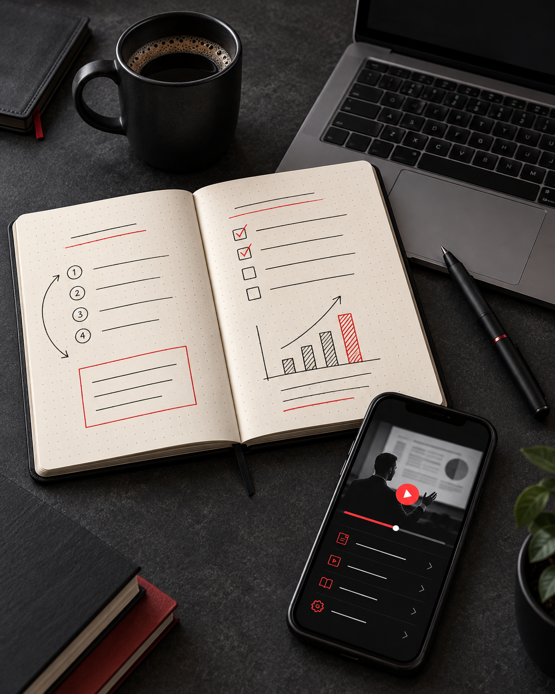 Espacio de trabajo con cuaderno, material de formación y vídeo aplicado